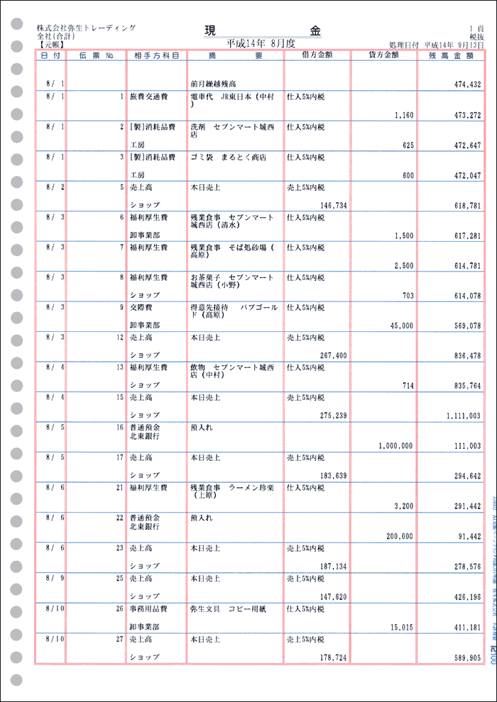 334002A4元帳ページプリンター３行明細は弥生会計ソフトサプライ