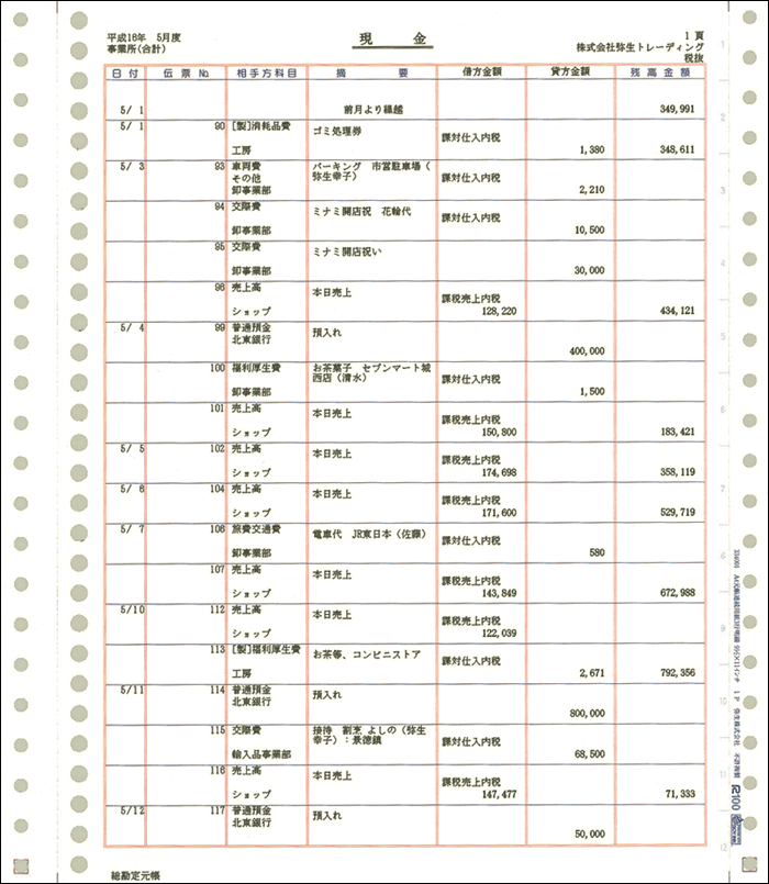 334001A4元帳連続用紙３行明細は弥生会計サプライ用紙帳簿伝票